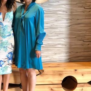 Tibi long sleeve pleat pussy bow silk dress S